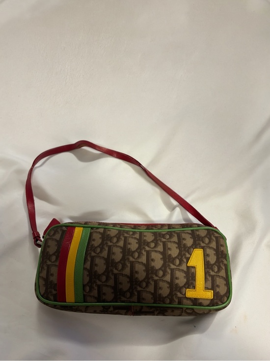 Dior Handbags - Dior Brown Monogram Shoulder Bag with Red Strap and Yellow Patch